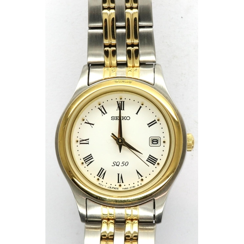 71 - SEIKO: Boxed SQ50 ladies wristwatch on a stainless steel and gold plated bracelet, not working at lo... 