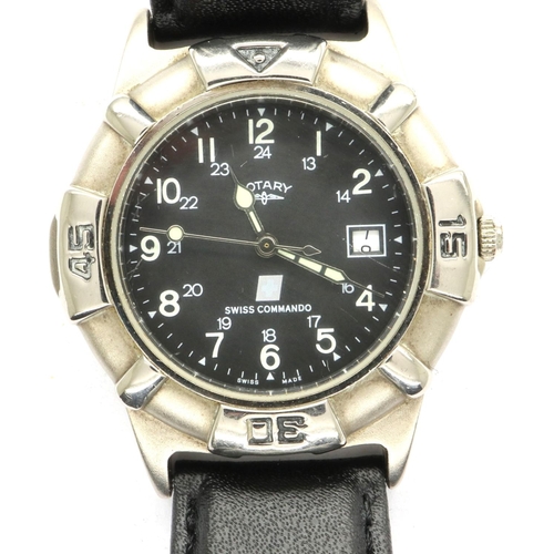 72 - ROTARY: SWISS COMMANDO gents quartz wristwatch, with circular black dial, date aperture and black le... 