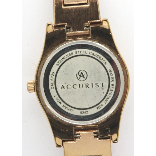 79 - ACCURIST: ladies rose-gold tone steel cased quartz wristwatch, stone set chapters, three subsidiary ... 