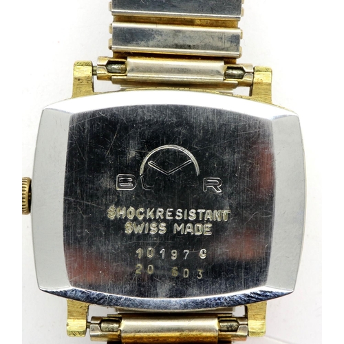 97 - BULER: gents manual wind wristwatch, with rectangular black dial, date aperture and expanding steel ... 