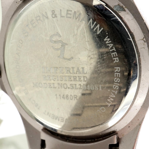 104 - STERN & LEMANN: IMPERIAL gents steel cased quartz wristwatch, with circular metallic blue dial, date... 