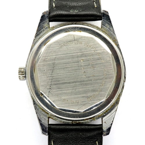 115 - BULER: gents steel cased manual wind wristwatch, with arched day aperture, date aperture, circular s... 