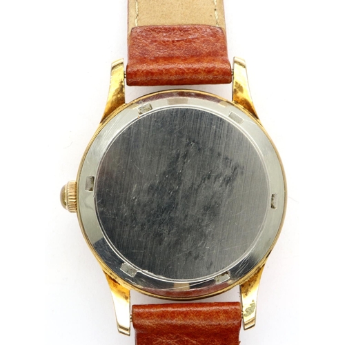 137 - RONE: gents automatic wristwatch, with gold plated case and on a brown leather strap, working at lot... 