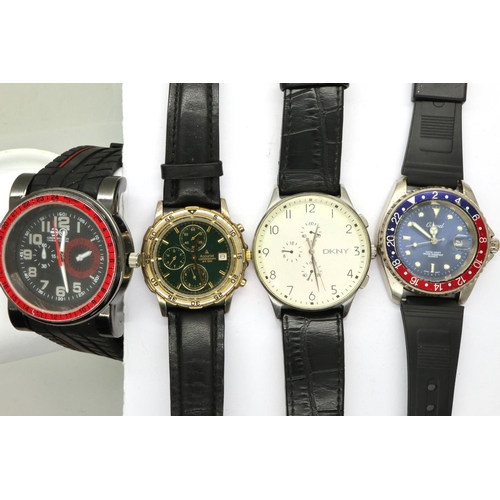 142 - Four gents quartz wristwatches, ACCURIST, DKNY, CARVEL and CROSSHATCH, all working at lotting. P&P G... 