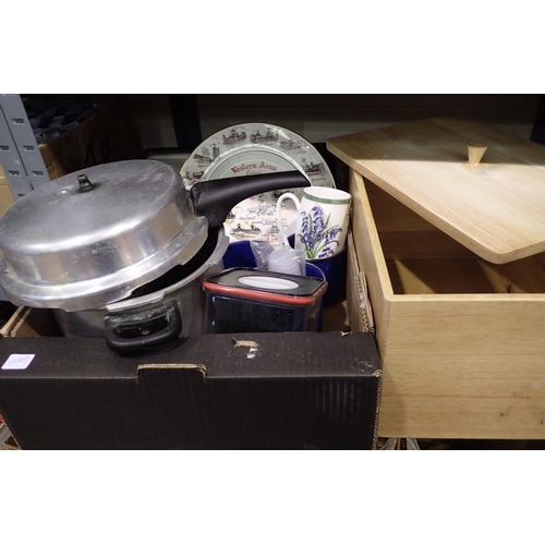 1026 - Prestige Hi-Dome pressure cooker and further items including a breadbin. Not available for in-house ... 