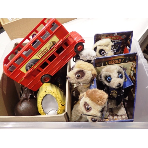 1035 - Collection of mixed toys including meerkat teddies, London bus etc. Not available for in-house P&P