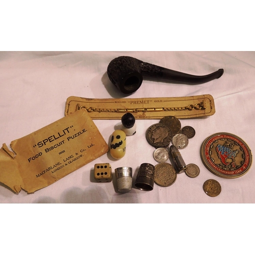 1093 - Mixed collectables including a Briar pipe, coins, thimble etc.  P&P Group 1 (£14+VAT for the first l... 