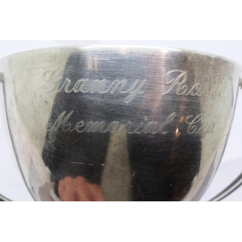 160 - Hallmarked silver twin handled trophy on a square base, Sheffield assay, inscribed Granny Rosie Memo... 