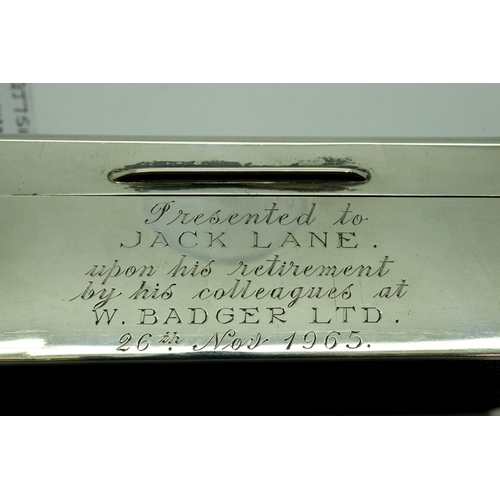 174 - Alexander Clark Co, hallmarked silver cigarette card case, 16 x 10 x 4 cm, inscription to Jack Lane ... 