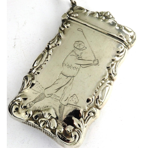 184 - Sterling silver vesta case depicting a golfer, 64 x 40 mm, 32g. P&P Group 1 (£14+VAT for the first l... 