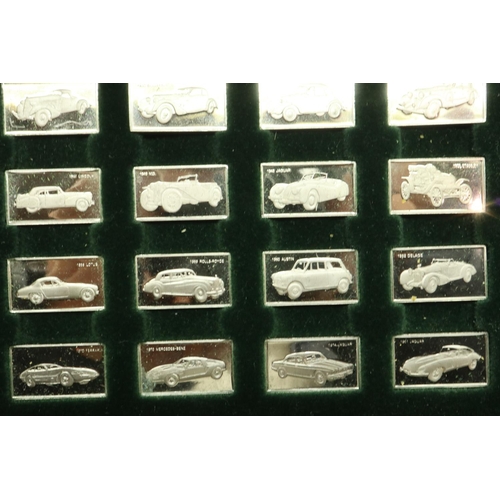 191 - John Pinches Ltd collection of The 100 Greatest Cars Silver Miniature Collection, each small plaque ... 