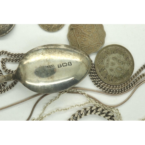 192 - Mixed silver, including coins (pre 1920), jewellery and a teaspoon, combined weight 52g. P&P Group 1... 