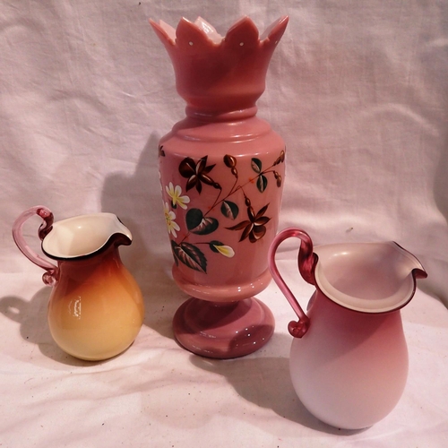 1221 - Victorian pink opaline glass crown vase, H: 26 cm. and two jugs, small manufacturers error to yellow... 