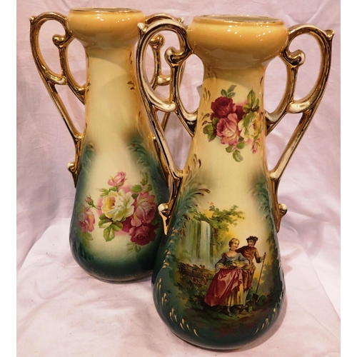 1236 - Pair of hand painted twin handled vases with a courting couple and floral decoration, H: 38 cm. Not ... 