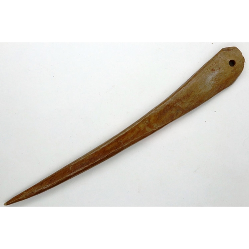 293 - 10th century bone pin/peg, holed for twine, L: 180 mm. P&P Group 0 (£5+VAT for the first lot and £1+... 