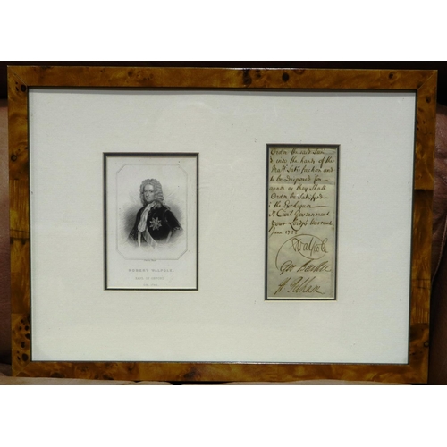 301 - Robert Walpole, George Baillie and Henry Pelham signature with a print of Robert Walpole, 40 x 30 cm... 