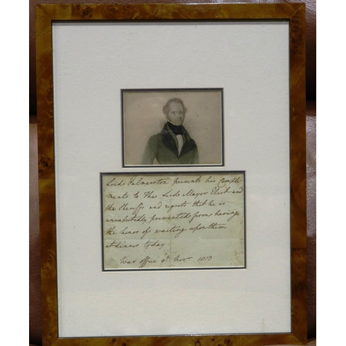 303 - Handwritten letter from Lord Palmeston, Lord Palmeston presents his compliments to The Lord Mayor el... 