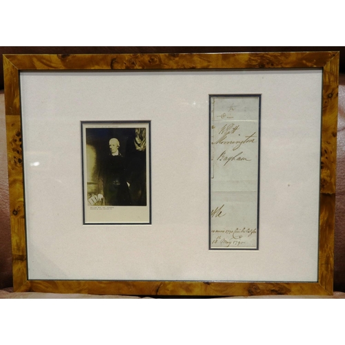 305 - Signature and print of William Pitt The Younger, signature dated 1790, overall 40 x 30 cm. P&P Group... 