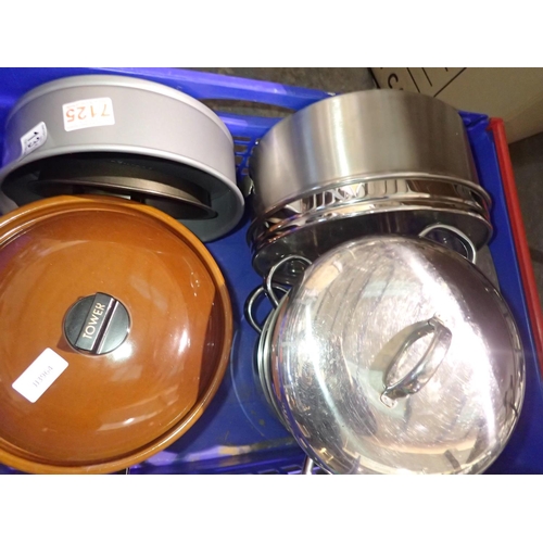 1313 - Collection of stainless steel pans and a Tower electric pot. Not available for in-house P&P