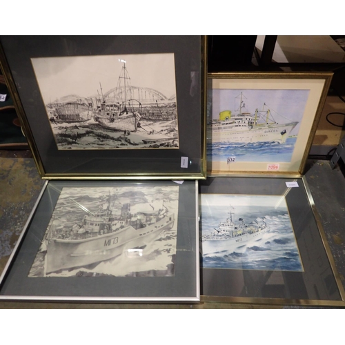 1332 - Four framed watercolours of ships, largest 48 x 34 cm. Not available for in-house P&P