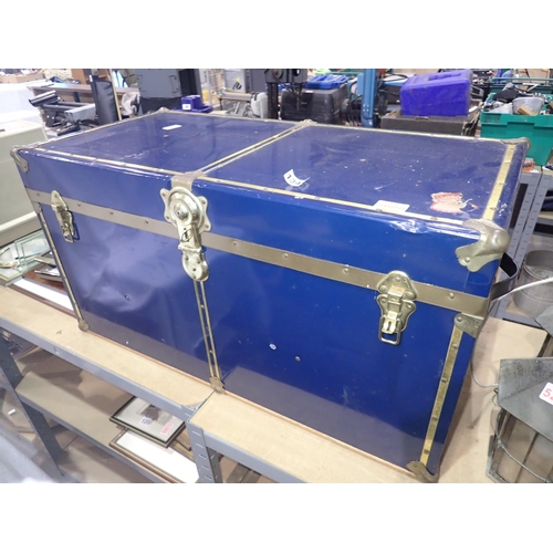 1343 - Brass bound blue painted metal trunk. Not available for in-house P&P