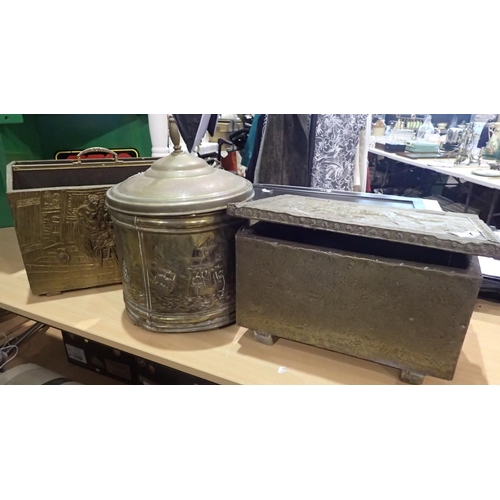 1357 - Three brass items to include coal bucket and a paper rack. Not available for in-house P&P