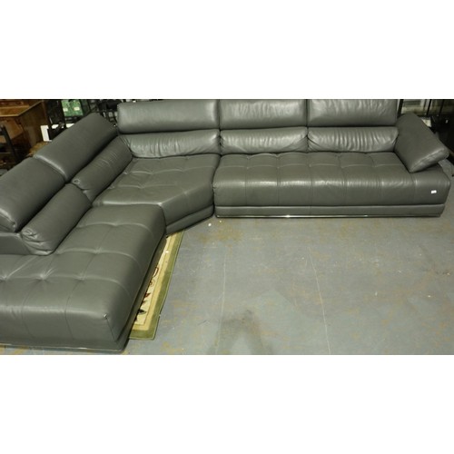 2132 - A large contemporary corner lounge suite in grey leather, modular, with adjustable backrests and chr... 