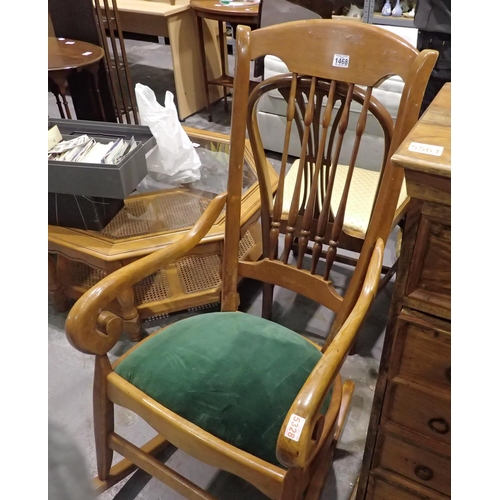 1468 - Mahogany rocking chair with green upholstered seat. Not available for in-house P&P