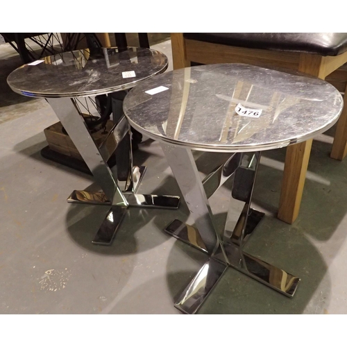 1476 - Pair of Contemporary stainless steel tables, D: 40 cm, H: 40 cm. Not available for in-house P&P