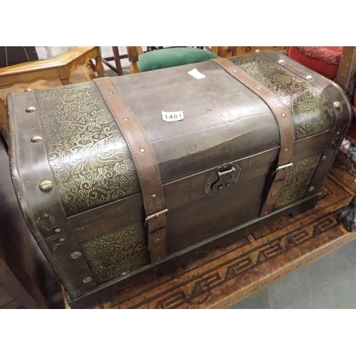 1481 - Leather bound wooden trunk and a similar smaller example. Not available for in-house P&P