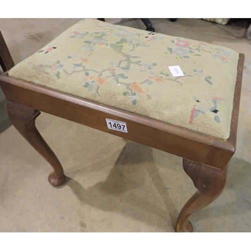 1497 - Oak framed footstool with tapestry upholstered seat. Not available for in-house P&P