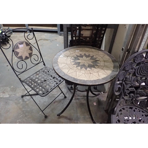 1540 - Tile topped garden table and two matching chairs. Not available for in-house P&P