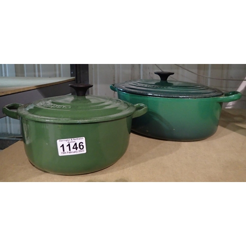 1146 - Two green Le Creuset casserole dishes. Not available for in-house P&P