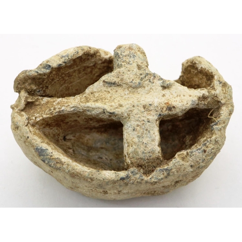 218 - Christian lead relic, cruciform lead vessel, L: 35 mm. P&P Group 0 (£5+VAT for the first lot and £1+... 