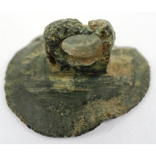 223 - Early bronze Geometric button, crudely engraved, D: 15 mm. P&P Group 0 (£5+VAT for the first lot and... 