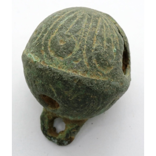 240 - Ornate bronze Medieval crotal bell, L: 32 mm. P&P Group 0 (£5+VAT for the first lot and £1+VAT for s... 