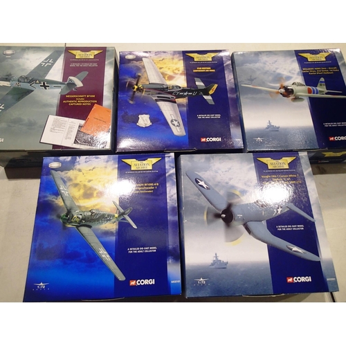 2042 - Five Corgi 1/72 aircrafts to include AA 32101 and 49205 Messerschmitt 109E, AA 33001 Corsair, AA 331... 