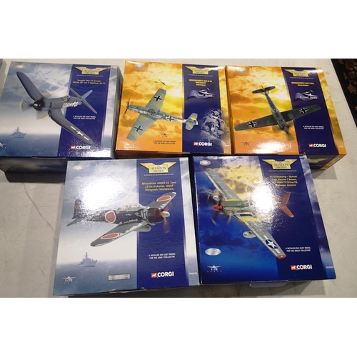 2043 - Five Corgi 1/72 scale aircrafts to include AA 33002 Corsair, AA 33102 Zero, 32203 Mustang, 49202 and... 