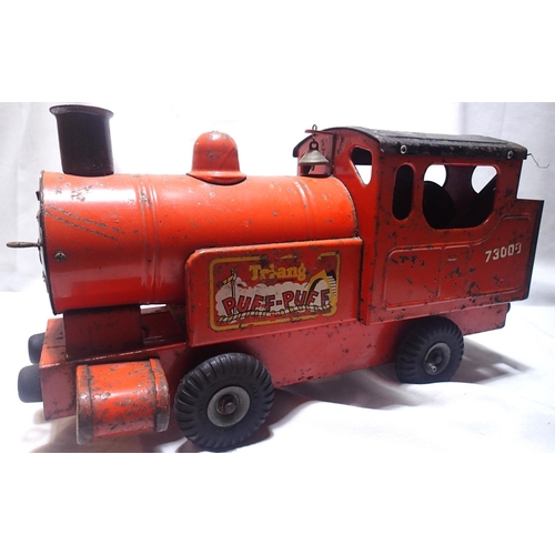 2058 - Triang Puff Puff tinplate train in original condition some corrosion/paint and decal loss, connectin... 