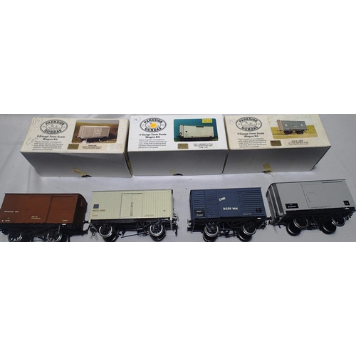 2092 - Four O gauge kit built goods vans, Parkside Dundas kits, vent van, 12t van, beer van, insulated fish... 