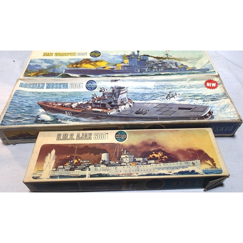 2115 - 1/600 scale Airfix ships to include HMS Ajax, HMS War spite and Russian Moskva, appear complete, unc... 