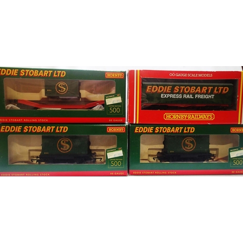 2141 - Four OO scale Hornby Eddie Stobart related wagons such as R6293 lowmac and load, R6101 curtain side ... 