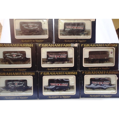 2144 - Eight OO scale Graham Farish wagons to include four 12013 Snow & Sons, five plank, three 12123 Powel... 