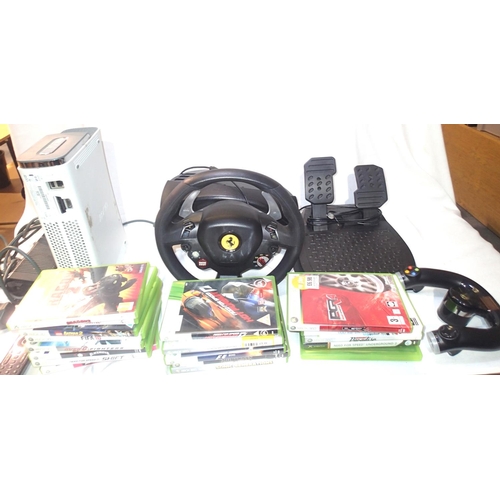 2198 - Xbox 360 with remote/power pack and cable plus Thrustmaster Racing wheel and pedals also includes ei... 