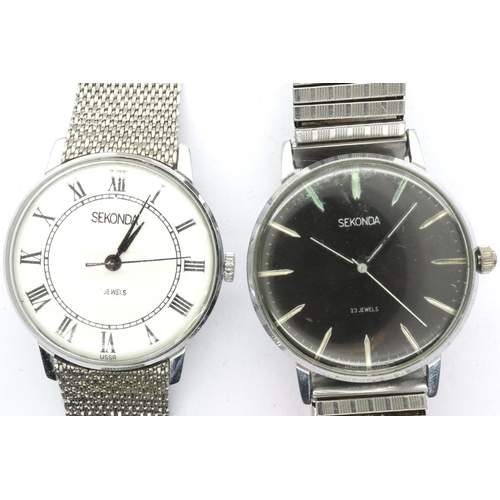 1120 - SEKONDA: two gents steel cased manual wind wristwatches, the first with circular white dial, Roman c... 