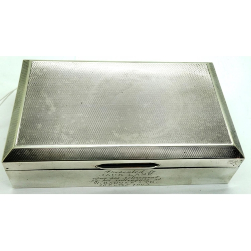 128 - Alexander Clark Co, hallmarked silver cigarette card case, 16 x 10 x 4 cm, inscription to Jack Lane ... 