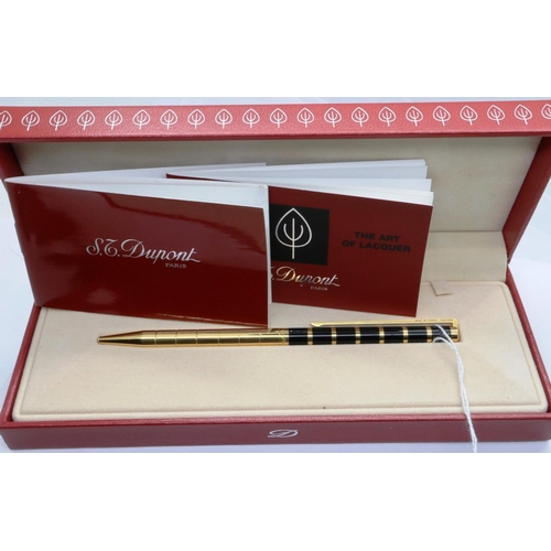 175 - Dupont of Paris gold plated and black lacquer ballpoint pen, boxed, with papers and refill. P&P Grou... 