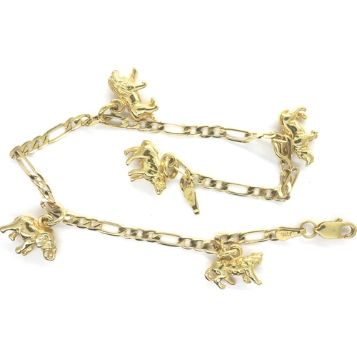 28 - 9ct gold Figaro chain bracelet with five animal charms, 6.8g, L: 18 cm. P&P Group 1 (£14+VAT for the... 