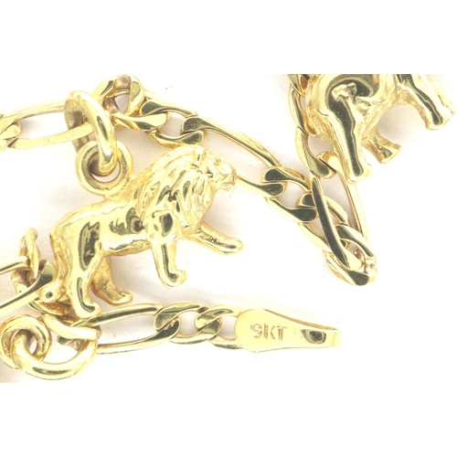 28 - 9ct gold Figaro chain bracelet with five animal charms, 6.8g, L: 18 cm. P&P Group 1 (£14+VAT for the... 