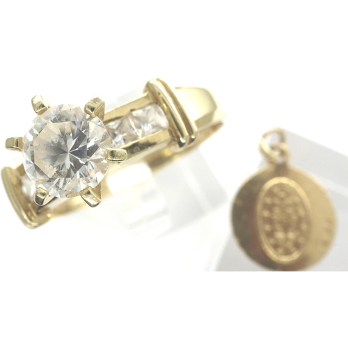 4 - 14ct gold solitaire ring, size V/W, and a 14ct gold miniature religious pendant, D: 11 mm, combined ... 